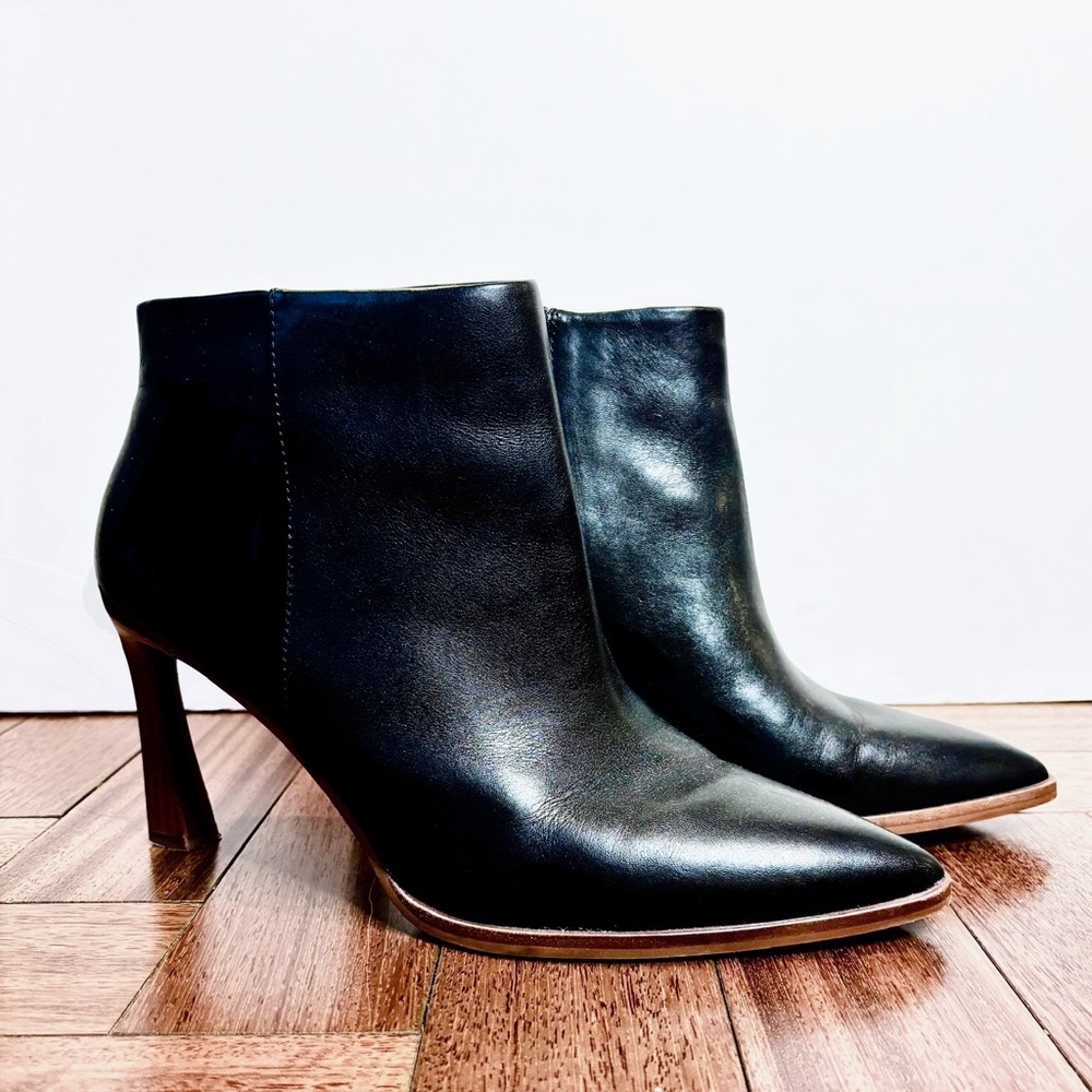 Vince Camuto black leather wood-heeled ankle boots, US 10, lightly used